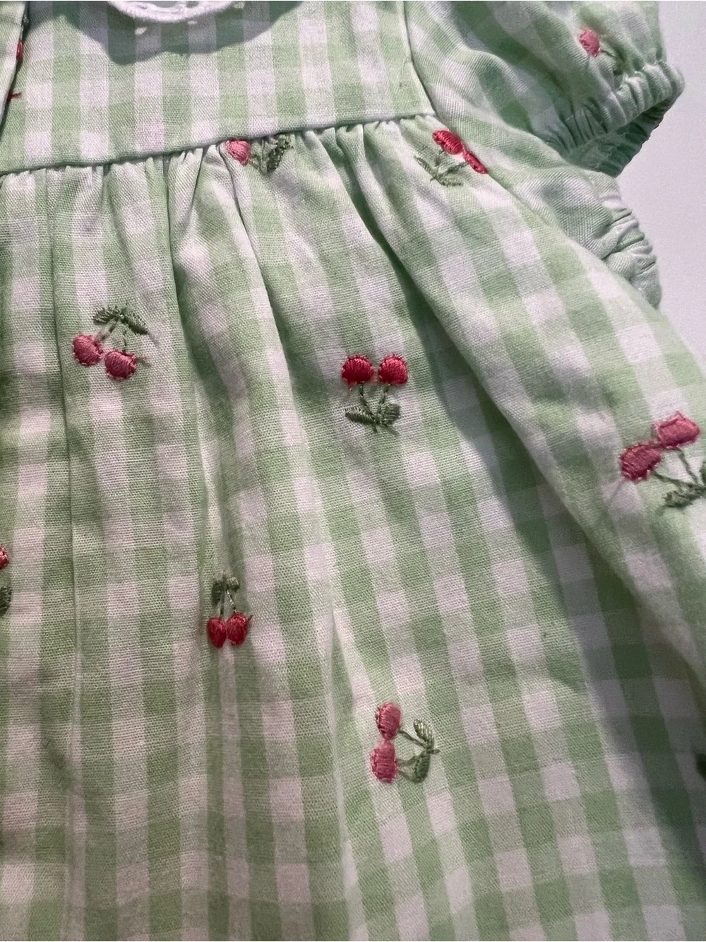Little Me Green Gingham Cherry Print Top with White Leggings Set & Headband